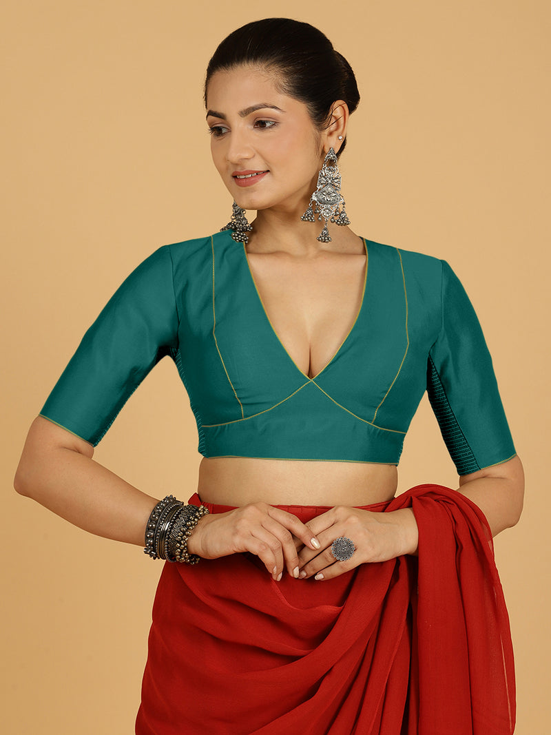 Ghazal x Rozaana | Elbow Sleeves Saree Blouse in Peacock Green-Binks