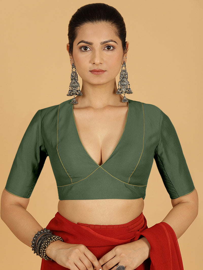 Ghazal x Rozaana | Elbow Sleeves Saree Blouse in Pine Green-Binks