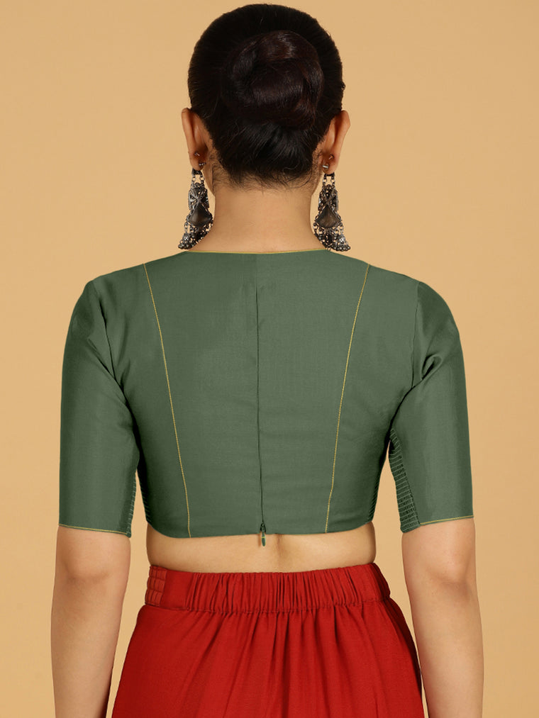 Ghazal x Rozaana Saree Blouse, in Green Viscose, featuring elbow sleeves and curved v-neckline, made for daily & work (view 2).