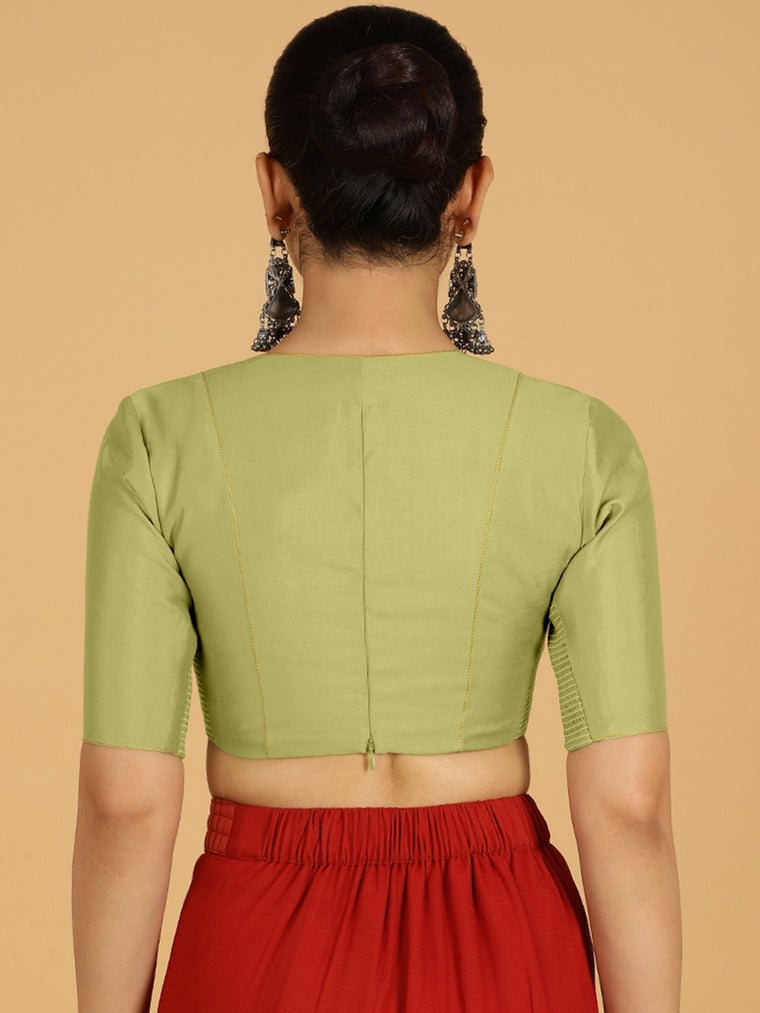 Ghazal x Rozaana Saree Blouse, in Green Viscose, featuring elbow sleeves and v-neckline, made for daily & work (view 2).