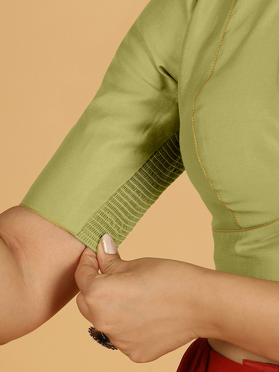 Ghazal x Rozaana Saree Blouse, in Green Viscose, featuring elbow sleeves and v-neckline, made for daily & work (view 4).