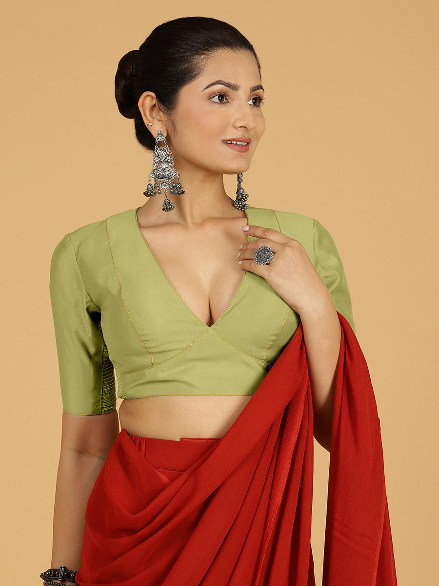 Ghazal x Rozaana Saree Blouse, in Green Viscose, featuring elbow sleeves and v-neckline, made for daily & work (view 5).