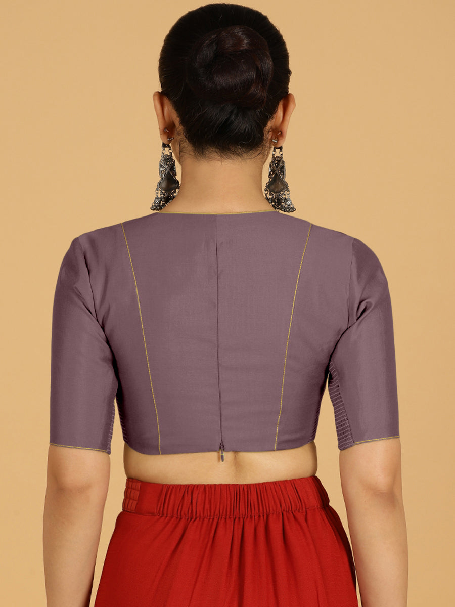 Ghazal x Rozaana Saree Blouse, in Purple Viscose, featuring elbow sleeves and curved v-neckline, made for daily & work (view 2).