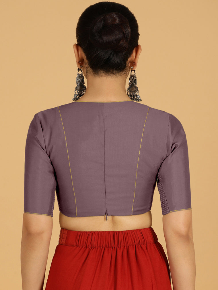 Ghazal x Rozaana Saree Blouse, in Purple Viscose, featuring elbow sleeves and curved v-neckline, made for daily & work (view 2).