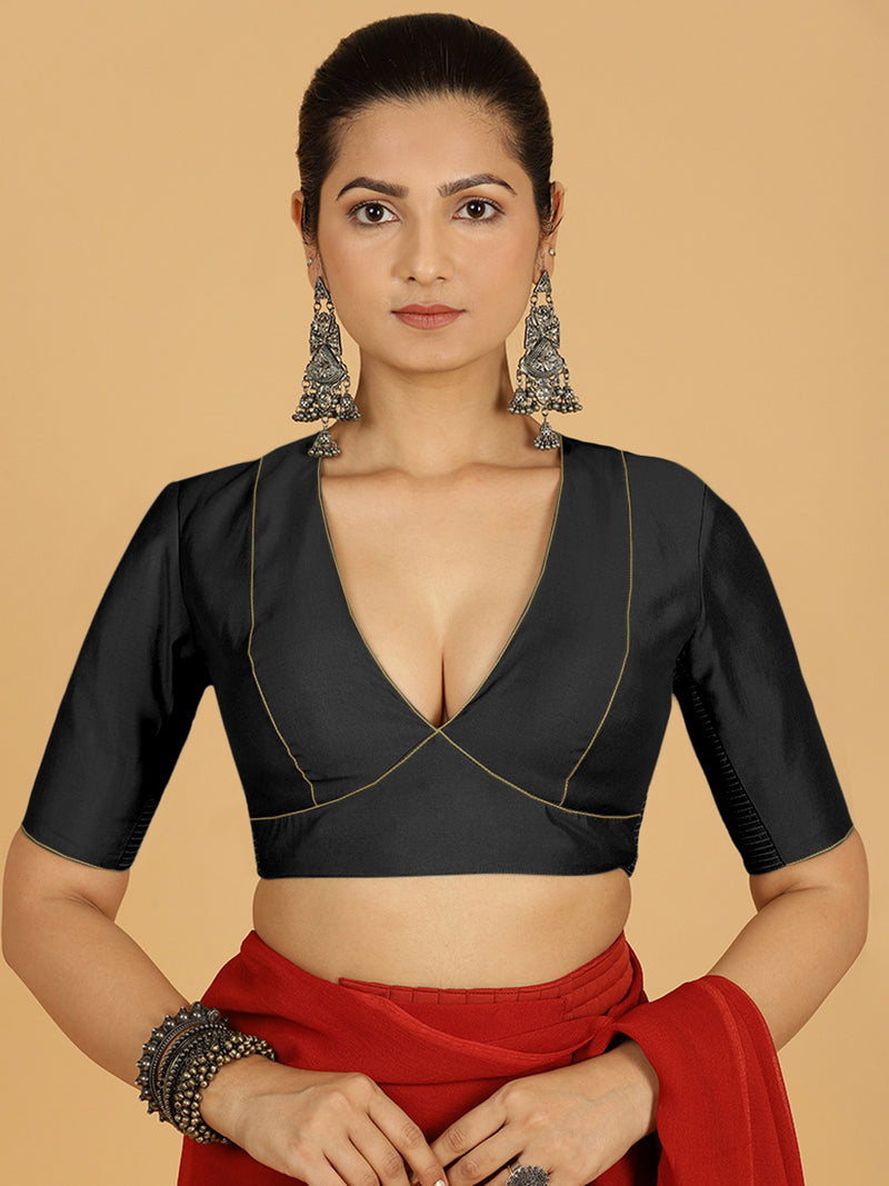 Ghazal x Rozaana | Elbow Sleeves Saree Blouse in Raven Black-Binks