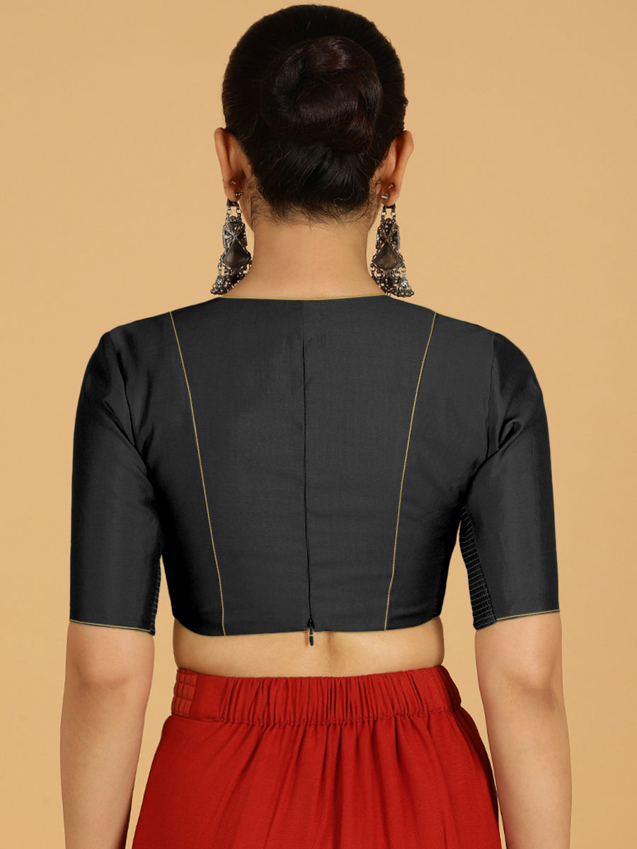 Ghazal x Rozaana Saree Blouse, in Black Viscose, featuring elbow sleeves and curved v-neckline, made for daily & work (view 2).