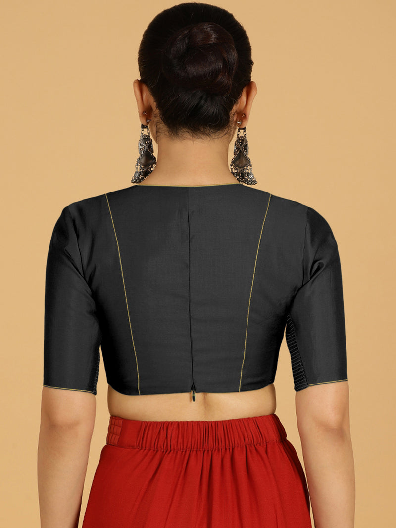 Ghazal x Rozaana | Elbow Sleeves Saree Blouse in Raven Black-Binks