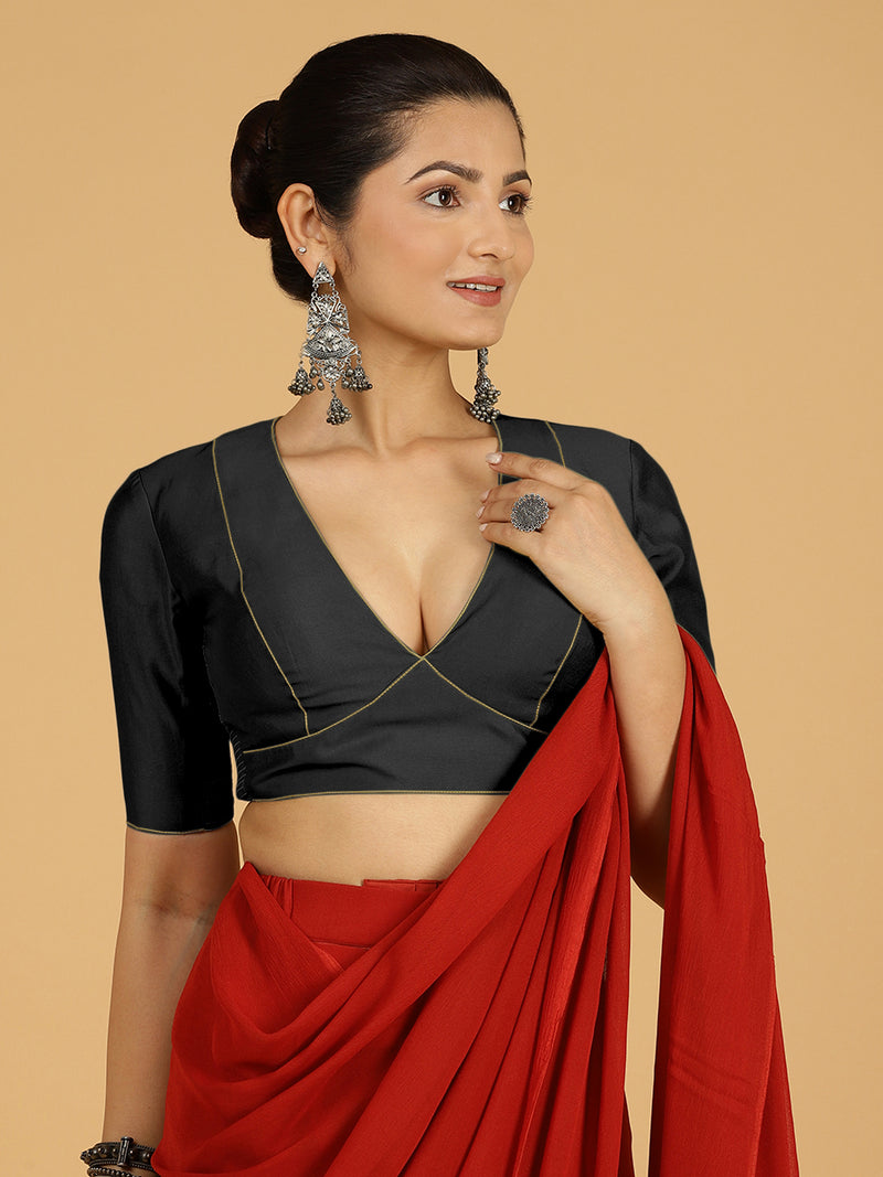 Ghazal x Rozaana | Elbow Sleeves Saree Blouse in Raven Black-Binks