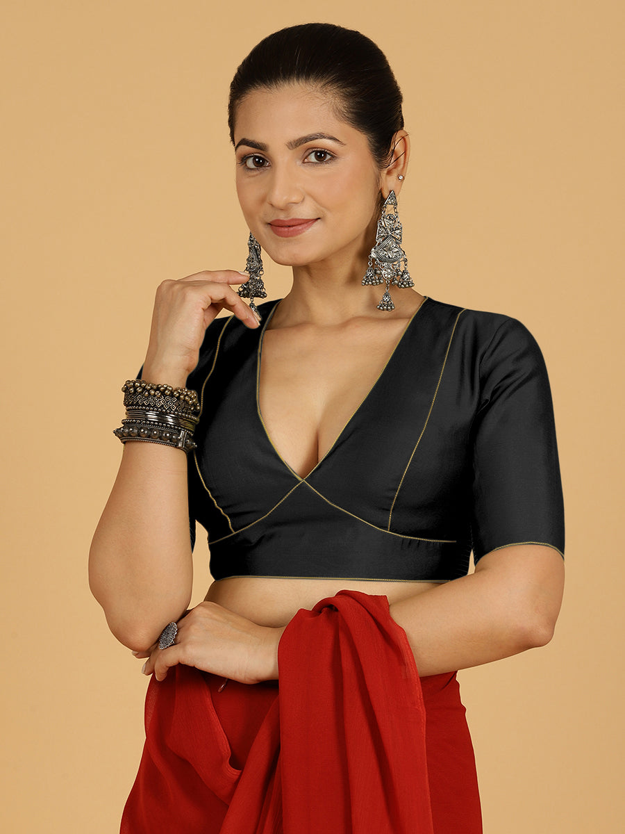 Ghazal x Rozaana Saree Blouse, in Black Viscose, featuring elbow sleeves and curved v-neckline, made for daily & work (view 8).