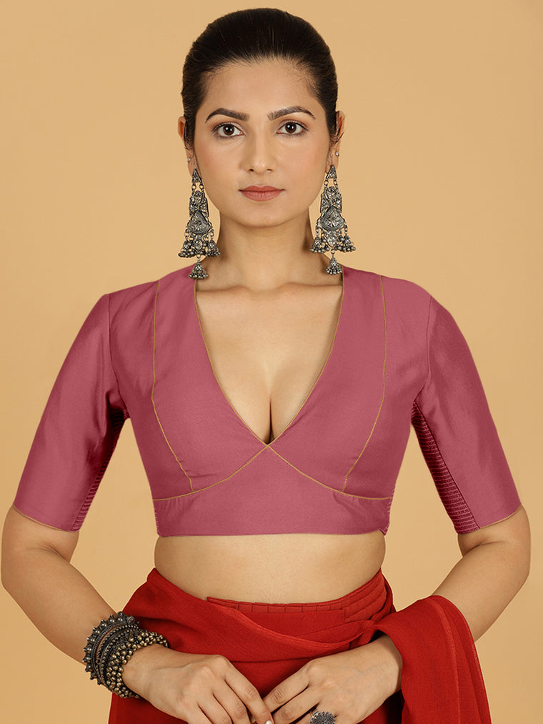 Ghazal x Rozaana Saree Blouse, in Pink Viscose, featuring elbow sleeves and curved v-neckline, made for daily & work.
