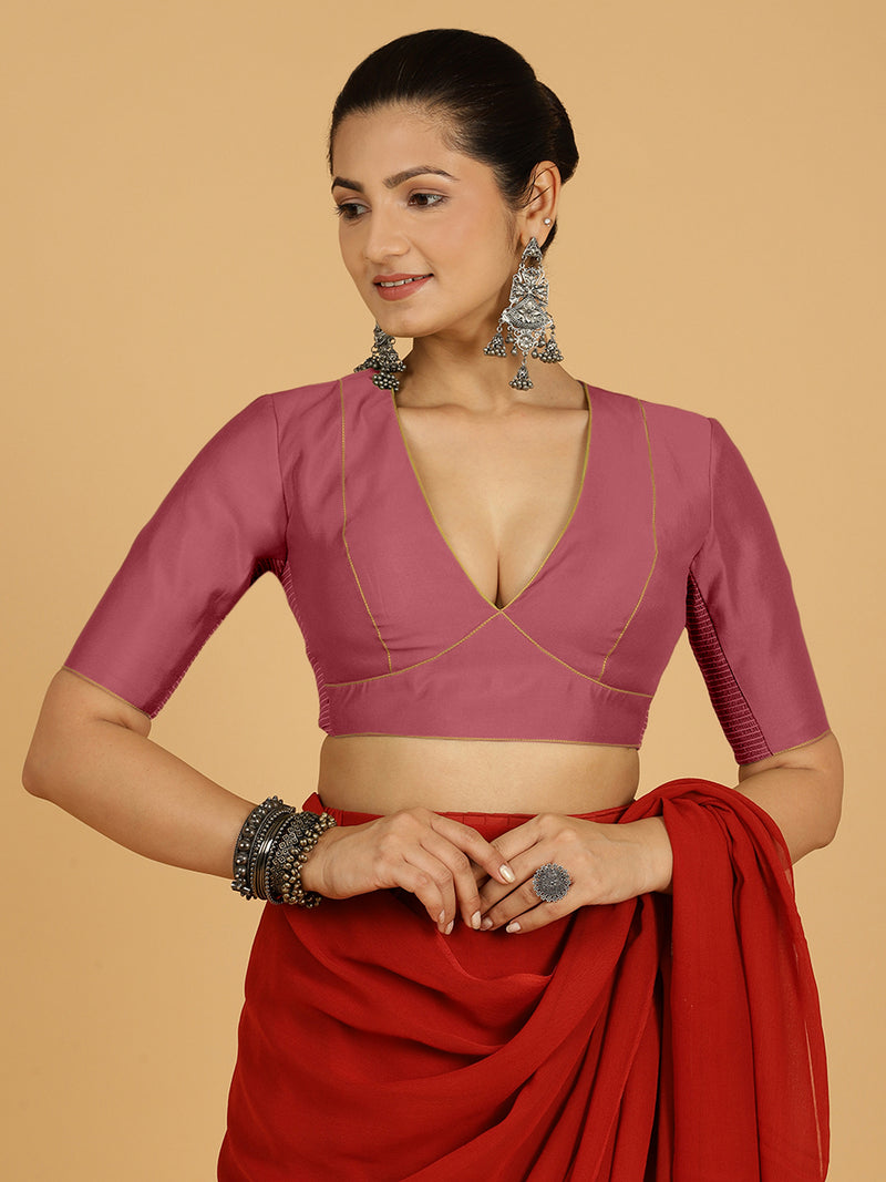 Ghazal x Rozaana | Elbow Sleeves Saree Blouse in Rose Pink-Binks