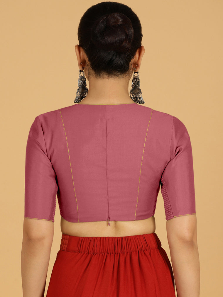 Ghazal x Rozaana Saree Blouse, in Pink Viscose, featuring elbow sleeves and curved v-neckline, made for daily & work (view 2).