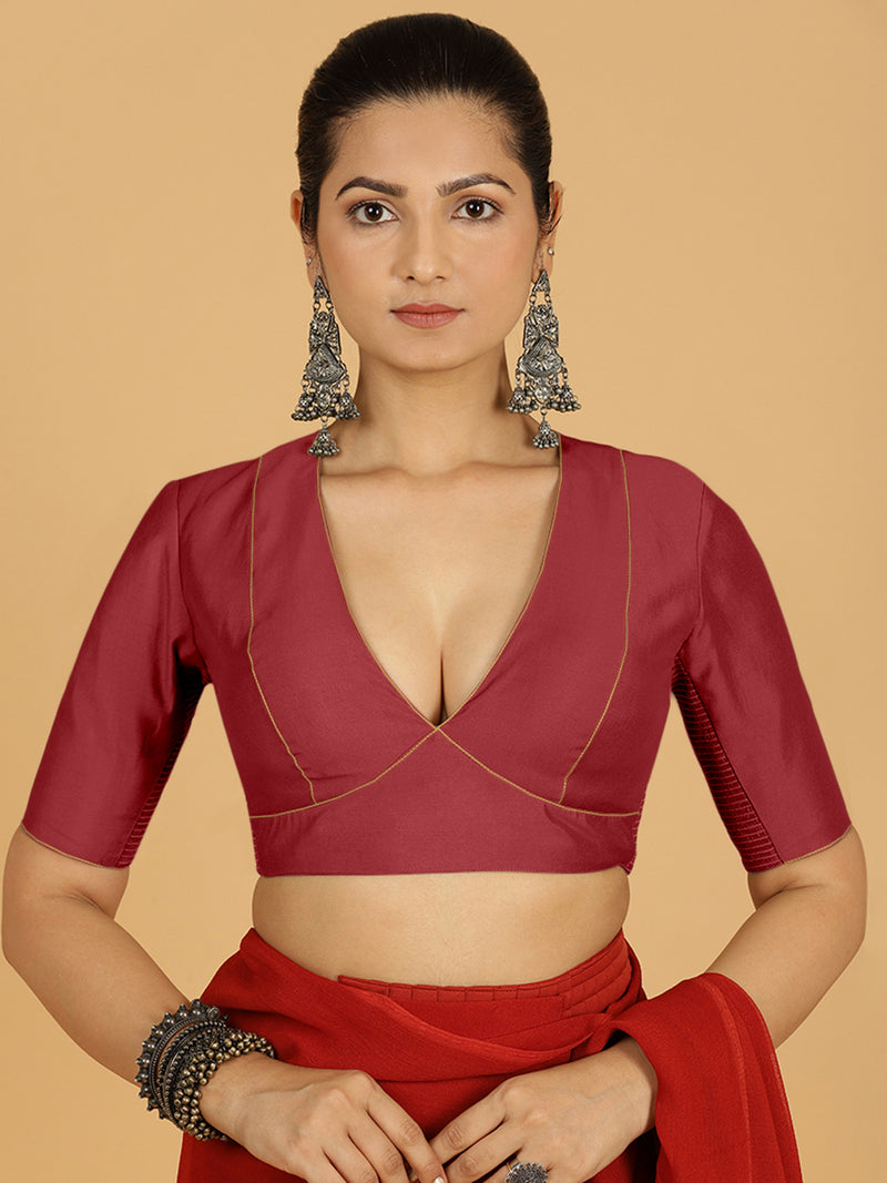 Ghazal x Rozaana | Elbow Sleeves Saree Blouse in Scarlet Red-Binks
