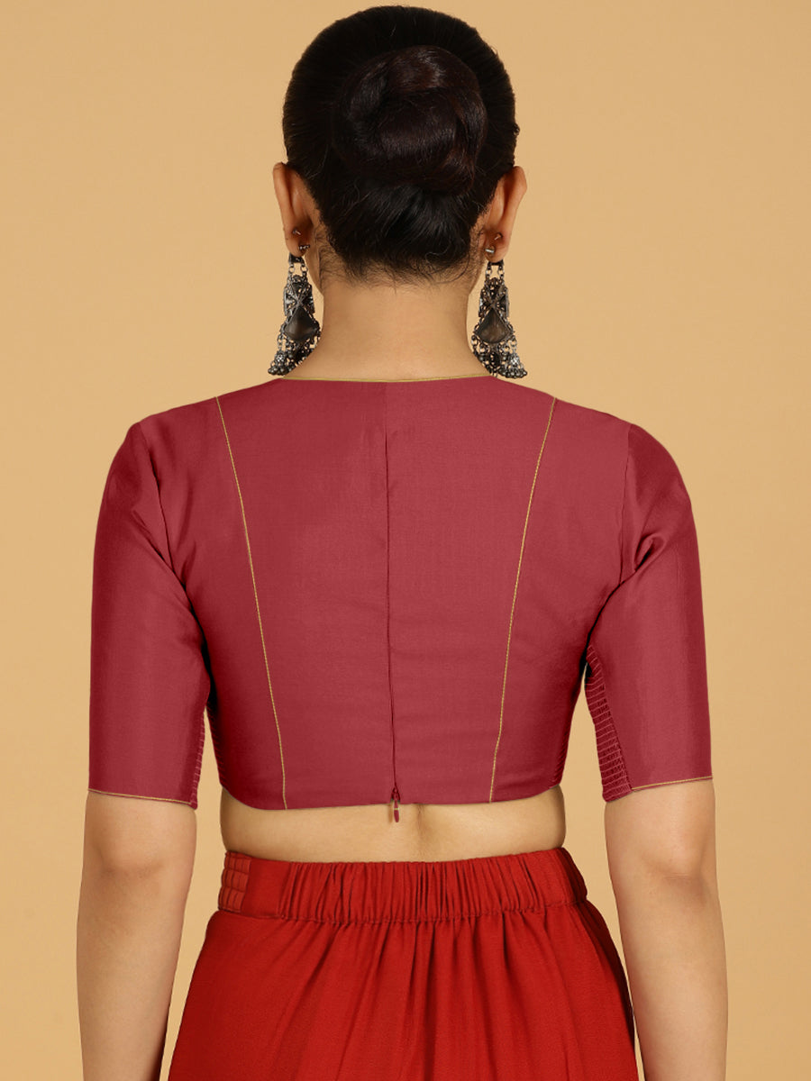 Ghazal x Rozaana Saree Blouse, in Red Viscose, featuring elbow sleeves and curved v-neckline, made for daily & work (view 2).