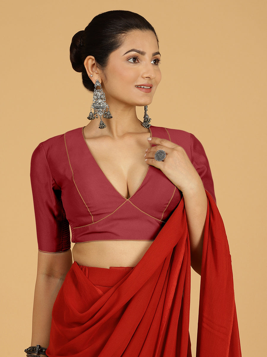 Ghazal x Rozaana Saree Blouse, in Red Viscose, featuring elbow sleeves and curved v-neckline, made for daily & work (view 5).