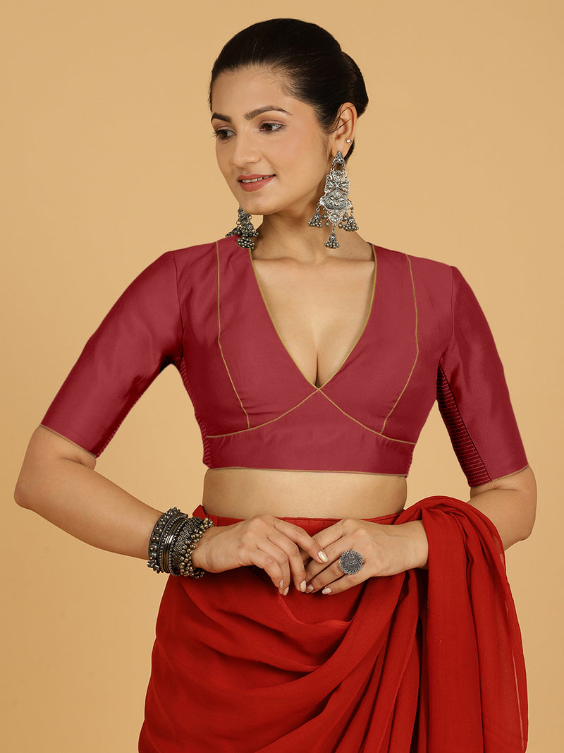 Ghazal x Rozaana | Elbow Sleeves Saree Blouse in Scarlet Red-Binks