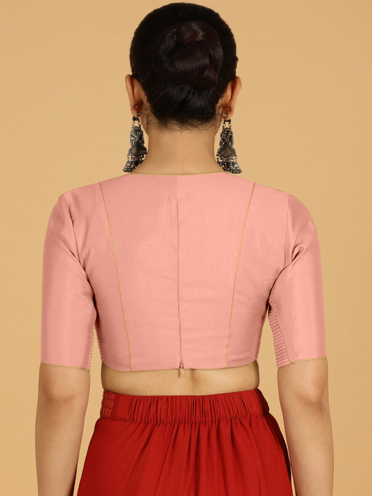 Ghazal x Rozaana Saree Blouse, in Pink Viscose, featuring elbow sleeves and curved v-neckline, made for daily & work (view 2).