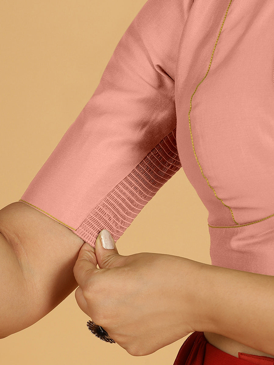 Ghazal x Rozaana Saree Blouse, in Pink Viscose, featuring elbow sleeves and curved v-neckline, made for daily & work (view 4).
