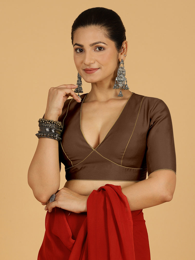 Ghazal x Rozaana Saree Blouse, in Brown Viscose, featuring elbow sleeves and curved v-neckline, made for daily & work.