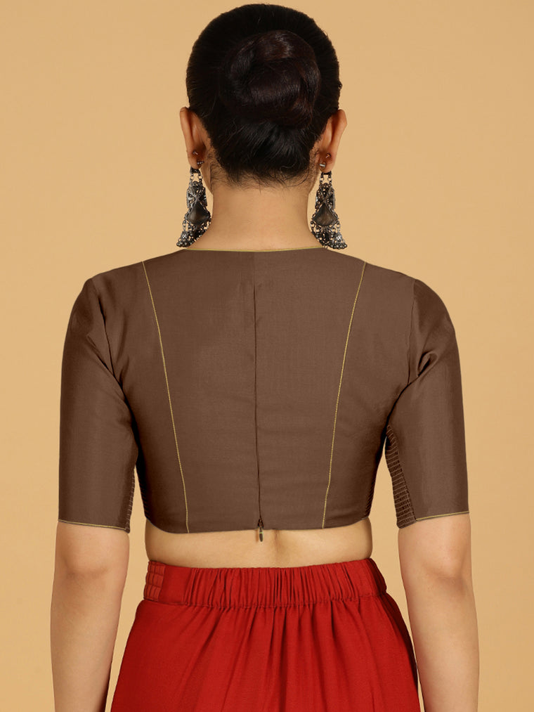 Ghazal x Rozaana Saree Blouse, in Brown Viscose, featuring elbow sleeves and curved v-neckline, made for daily & work (view 2).