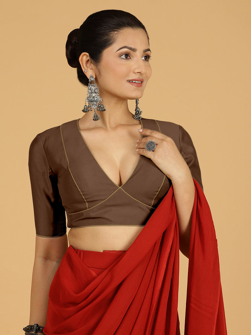 Ghazal x Rozaana | Elbow Sleeves Saree Blouse in Walnut Brown-Binks