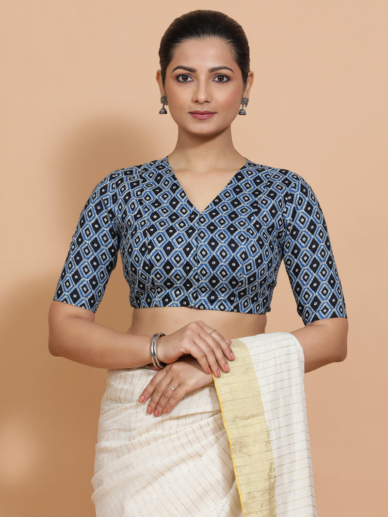 Gitanjali x Rozaana | Elbow Sleeves Cotton Saree Blouse in Indigo Blue Geometric Block Print Fabric-Binks