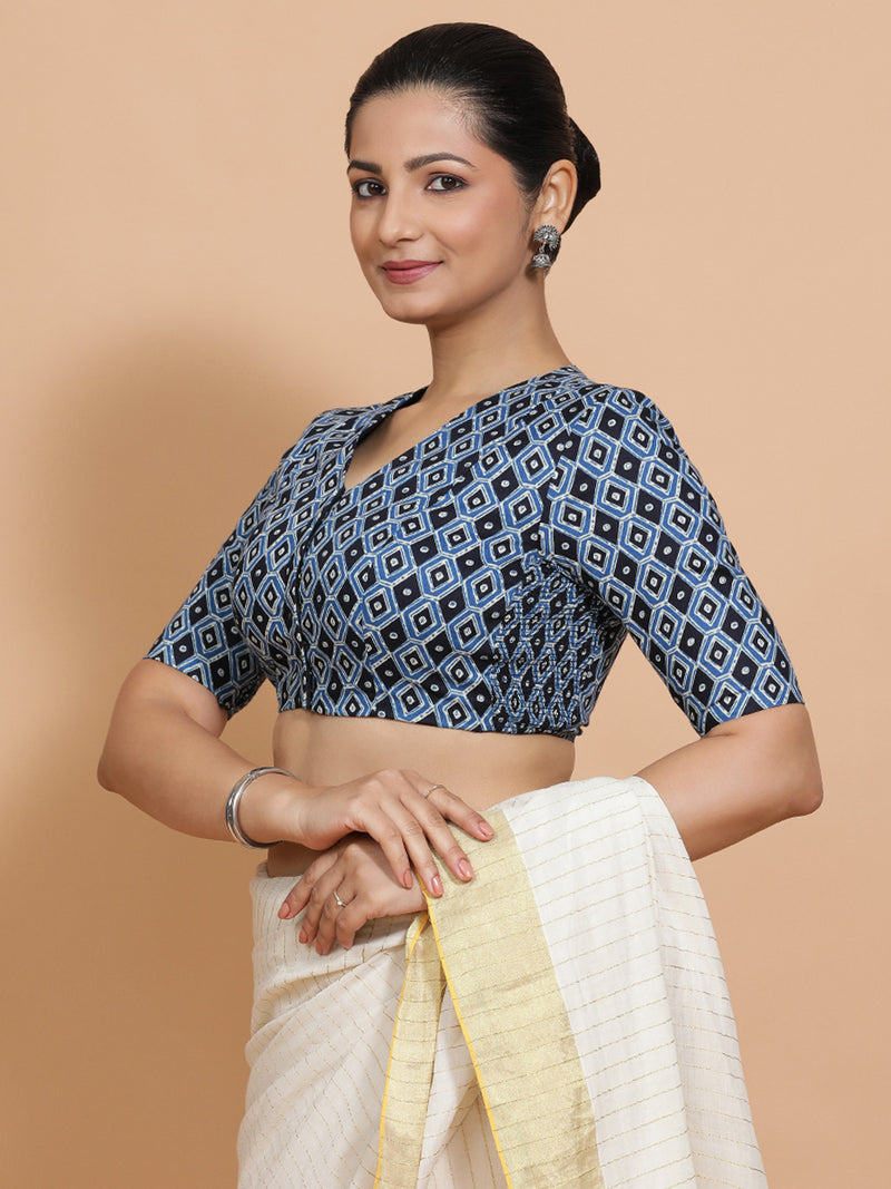 Gitanjali x Rozaana | Elbow Sleeves Cotton Saree Blouse in Indigo Blue Geometric Block Print Fabric-Binks