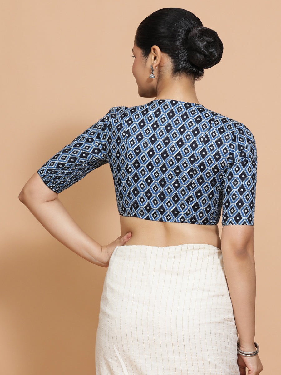 Gitanjali x Rozaana Saree Blouse, in Blue Cotton, featuring elbow sleeves and v-neckline, made for daily & work (view 2).