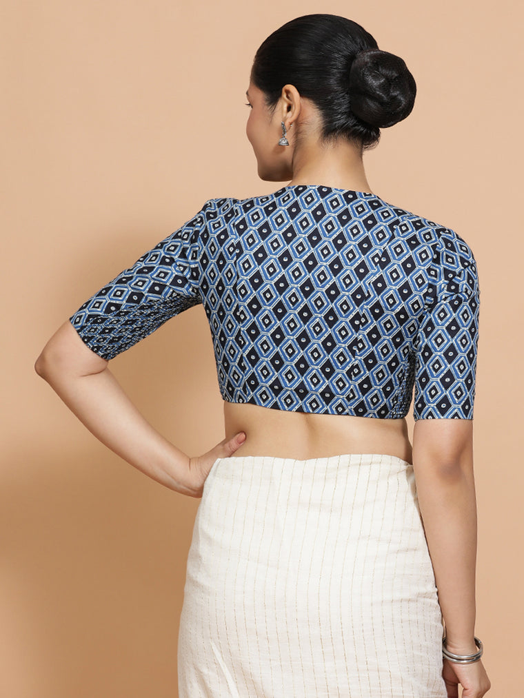 Gitanjali x Rozaana Saree Blouse, in Blue Cotton, featuring elbow sleeves and v-neckline, made for daily & work (view 2).