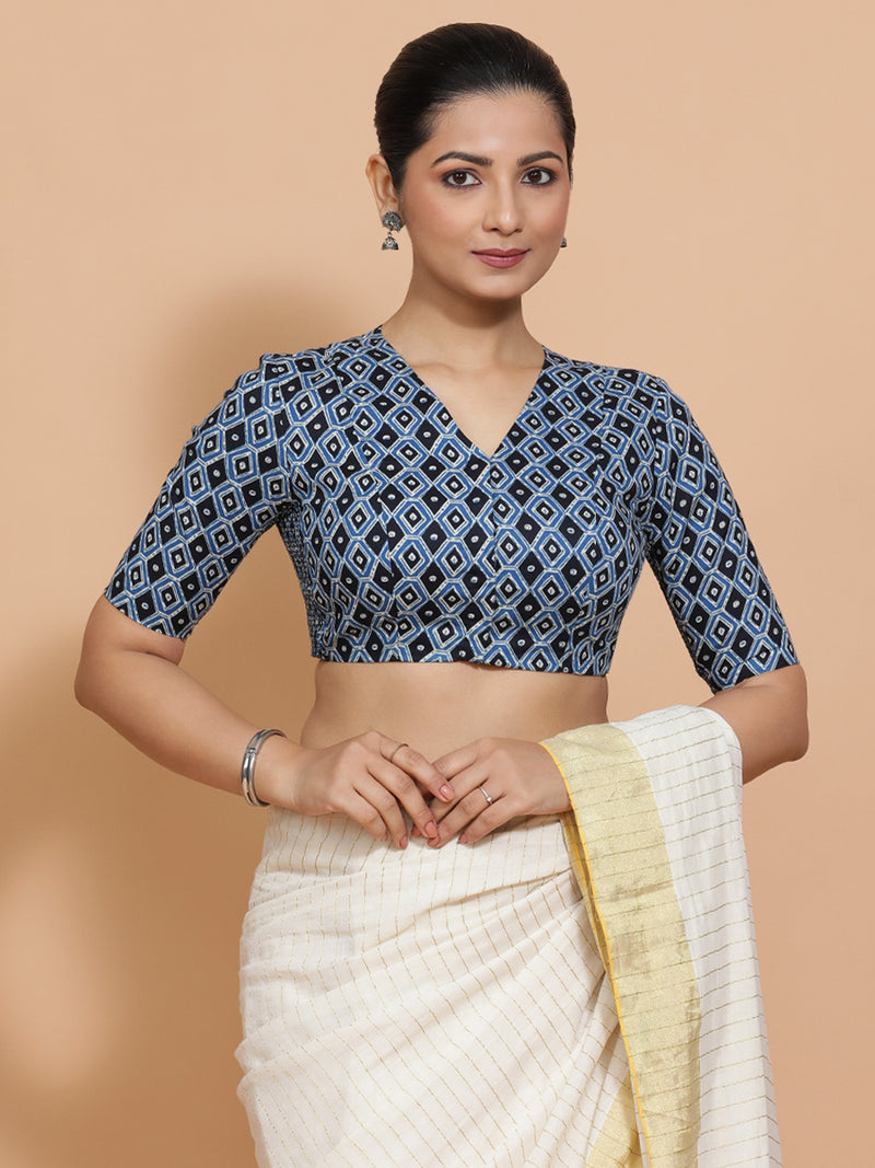 Gitanjali x Rozaana | Elbow Sleeves Cotton Saree Blouse in Indigo Blue Geometric Block Print Fabric-Binks