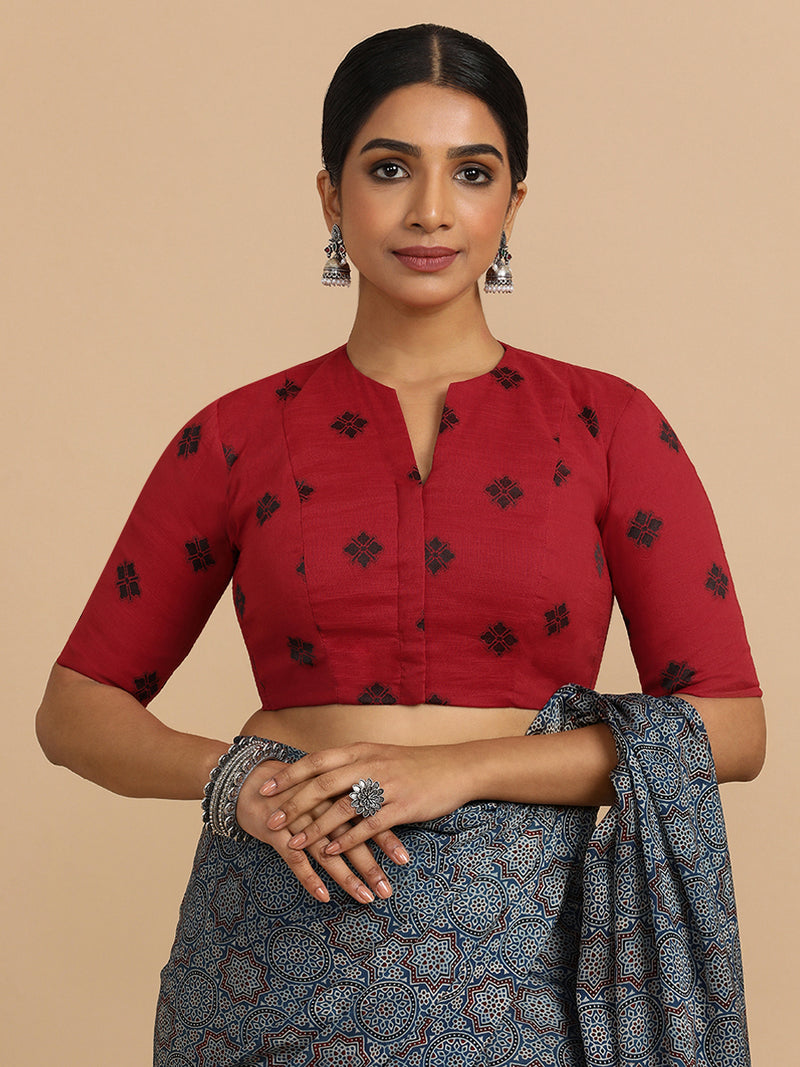 Gul x Rozaana | Elbow Sleeves Saree Blouse in Red Jacquard Cotton-Binks