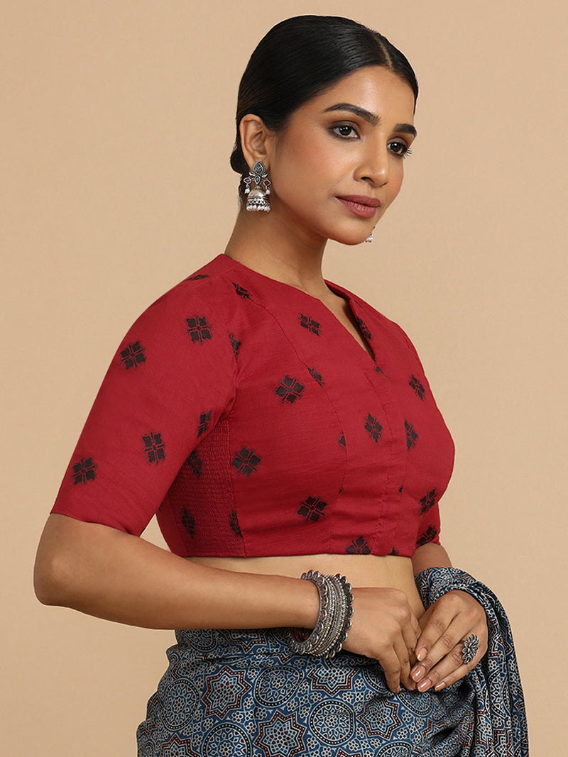 Gul x Rozaana | Elbow Sleeves Saree Blouse in Red Jacquard Cotton-Binks