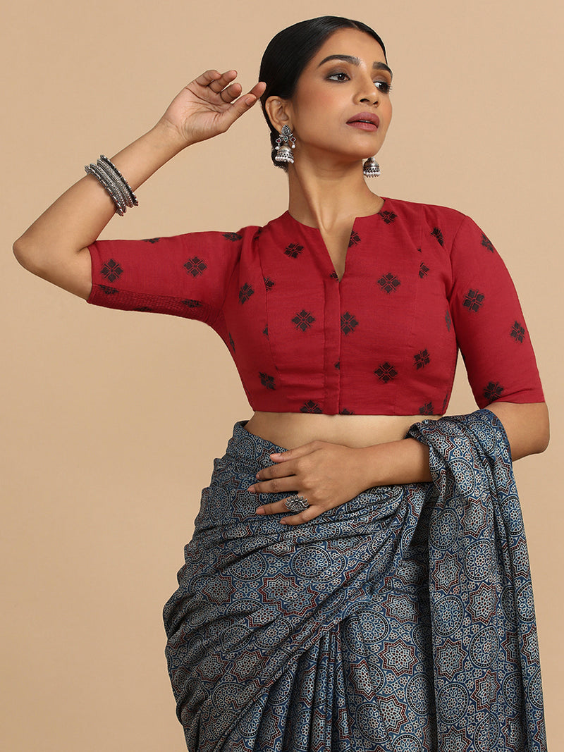 Gul x Rozaana | Elbow Sleeves Saree Blouse in Red Jacquard Cotton-Binks