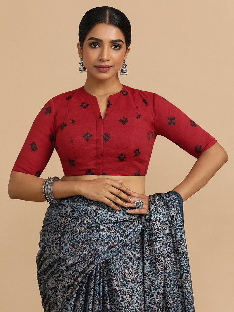 Gul x Rozaana | Elbow Sleeves Saree Blouse in Red Jacquard Cotton-Binks