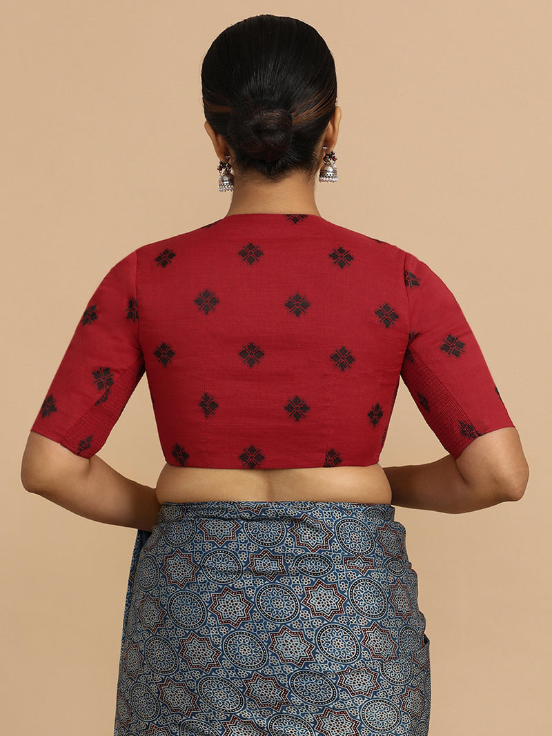 Gul x Rozaana | Elbow Sleeves Saree Blouse in Red Jacquard Cotton-Binks