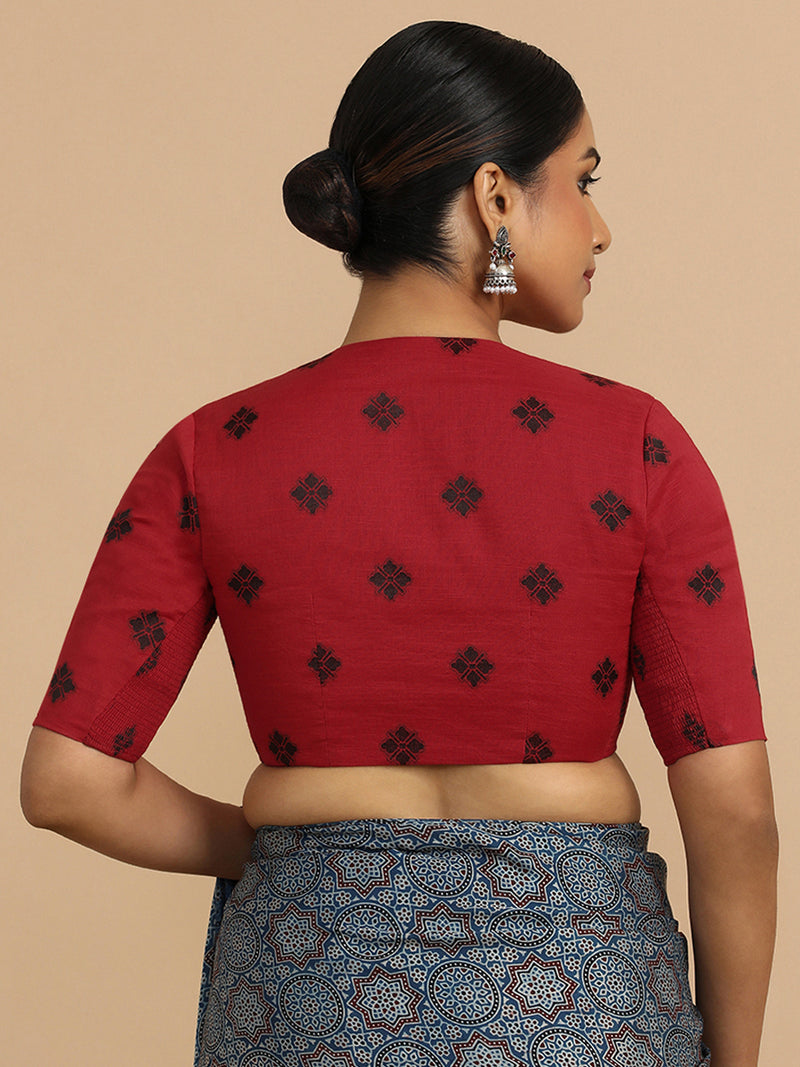 Gul x Rozaana | Elbow Sleeves Saree Blouse in Red Jacquard Cotton-Binks