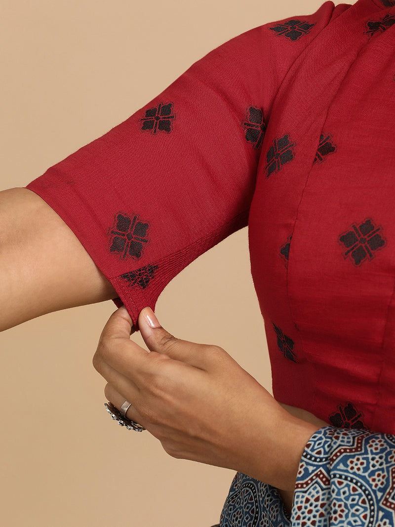 Gul x Rozaana | Elbow Sleeves Saree Blouse in Red Jacquard Cotton-Binks