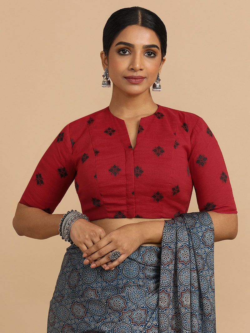 Gul x Rozaana | Elbow Sleeves Saree Blouse in Red Jacquard Cotton-Binks
