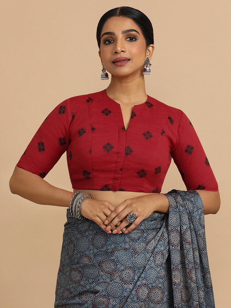 Gul x Rozaana | Elbow Sleeves Saree Blouse in Red Jacquard Cotton-Binks