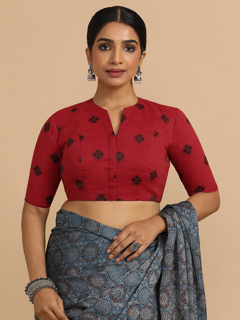 Gul x Rozaana | Elbow Sleeves Saree Blouse in Red Jacquard Cotton-Binks