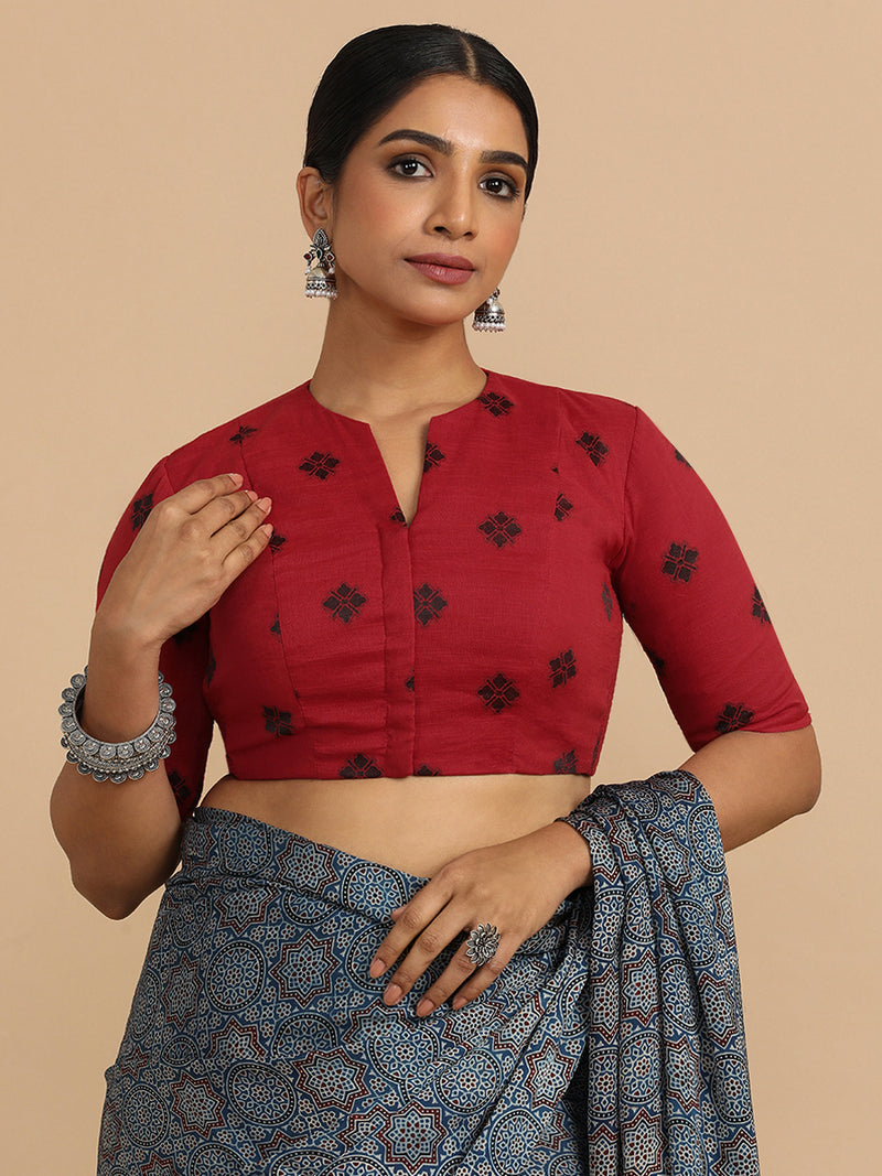 Gul x Rozaana | Elbow Sleeves Saree Blouse in Red Jacquard Cotton-Binks