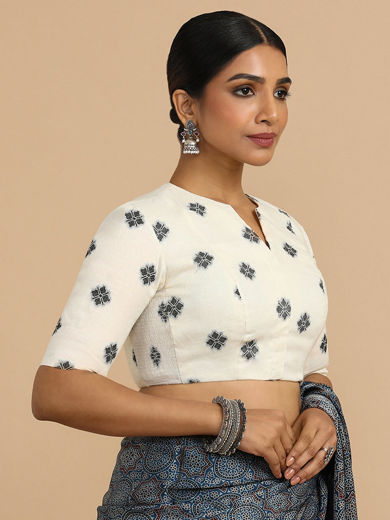 Gul x Rozaana | Elbow Sleeves Saree Blouse in White Jacquard Cotton-Binks