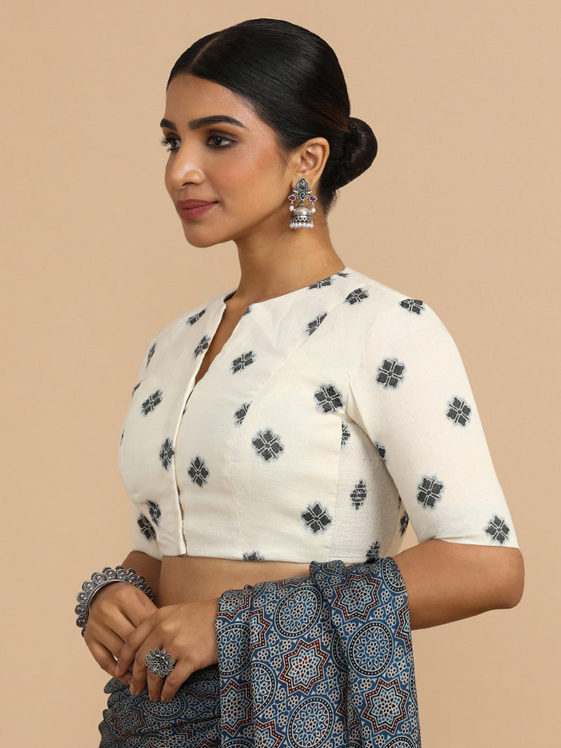 Gul x Rozaana | Elbow Sleeves Saree Blouse in White Jacquard Cotton-Binks