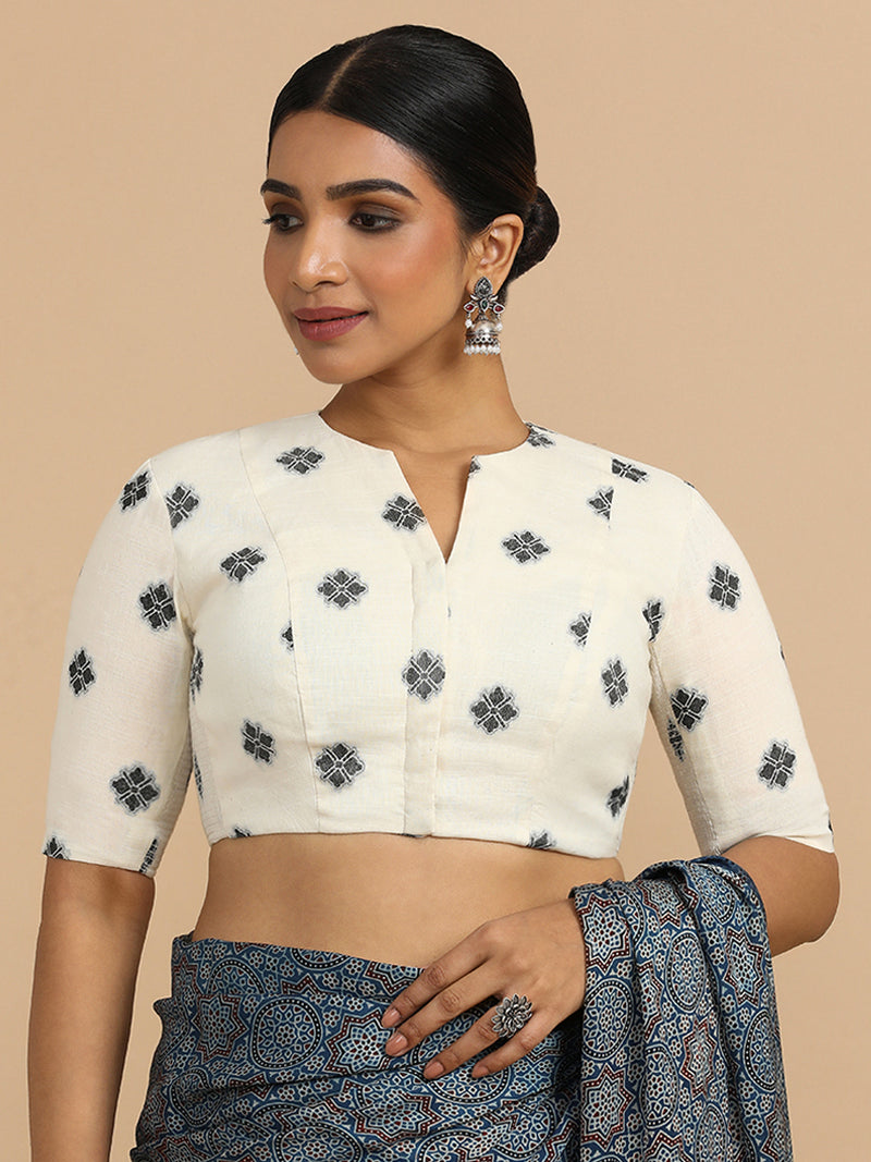 Gul x Rozaana | Elbow Sleeves Saree Blouse in White Jacquard Cotton-Binks