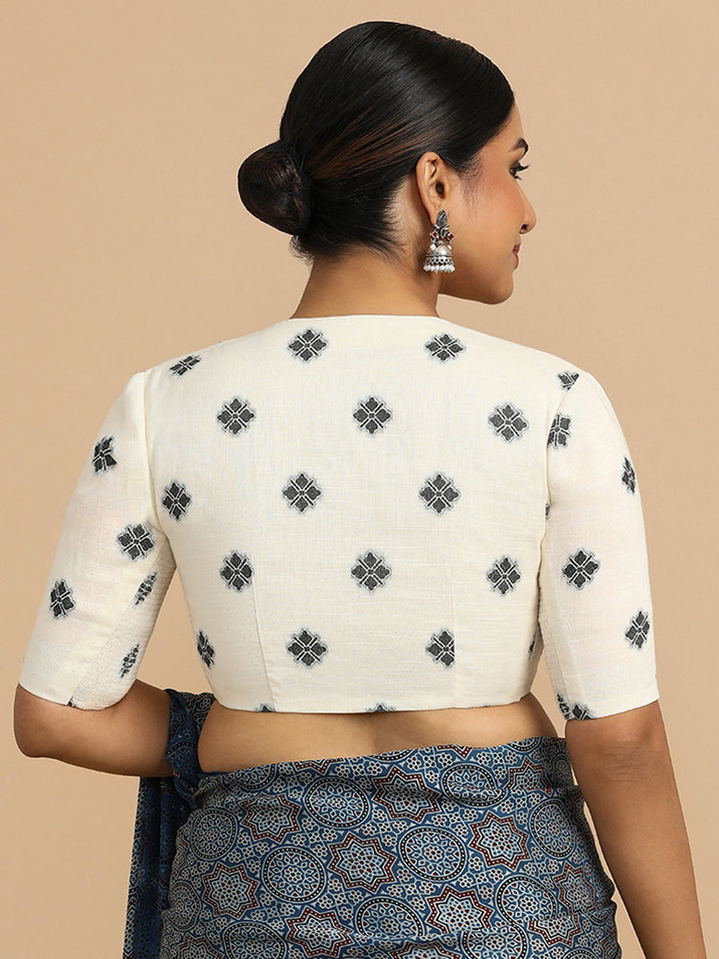 Gul x Rozaana | Elbow Sleeves Saree Blouse in White Jacquard Cotton-Binks