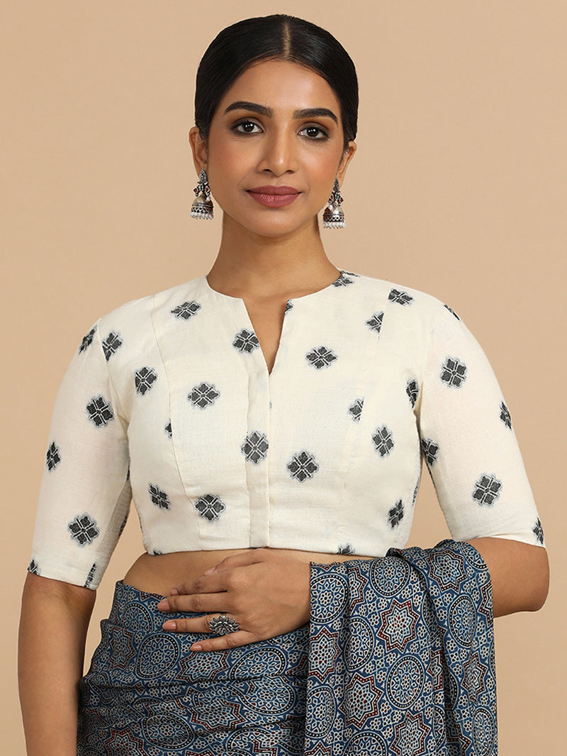 Gul x Rozaana | Elbow Sleeves Saree Blouse in White Jacquard Cotton-Binks