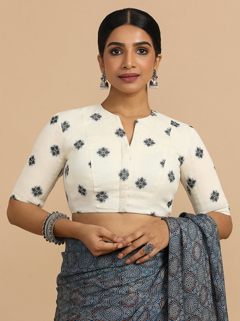 Gul x Rozaana | Elbow Sleeves Saree Blouse in White Jacquard Cotton-Binks