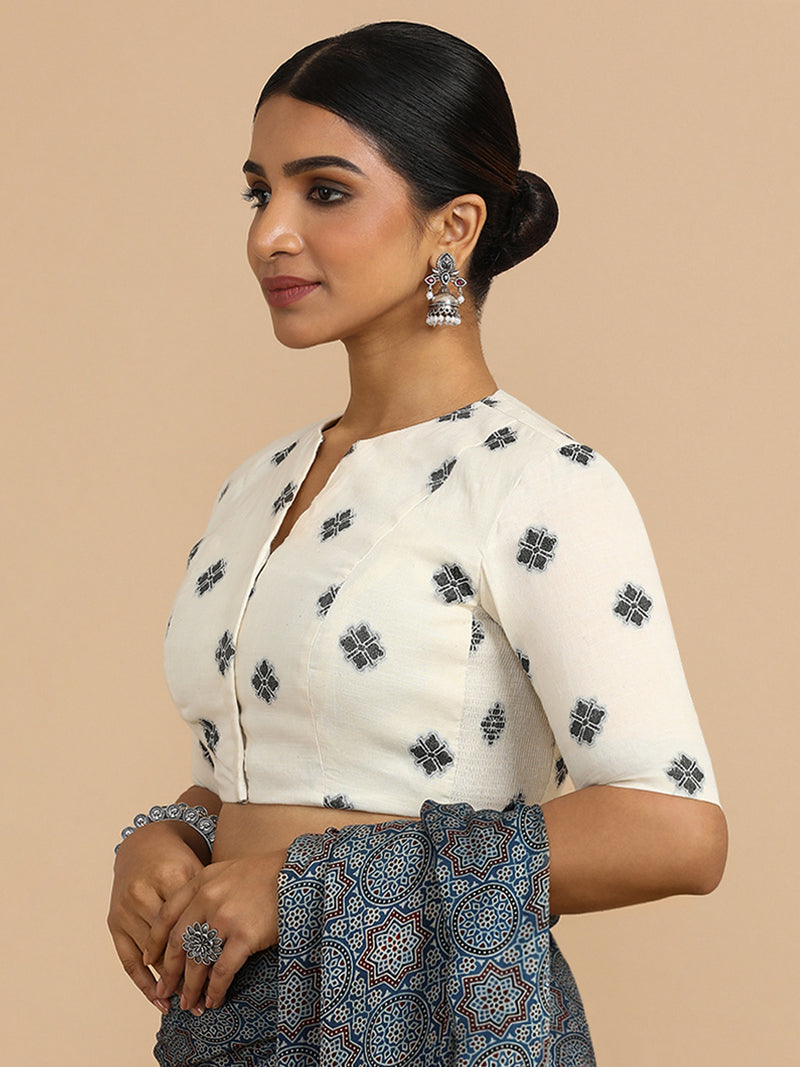 Gul x Rozaana | Elbow Sleeves Saree Blouse in White Jacquard Cotton-Binks