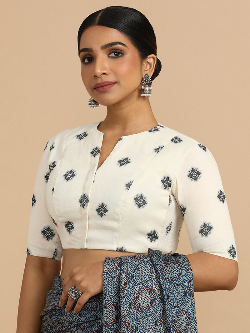 Gul x Rozaana | Elbow Sleeves Saree Blouse in White Jacquard Cotton-Binks