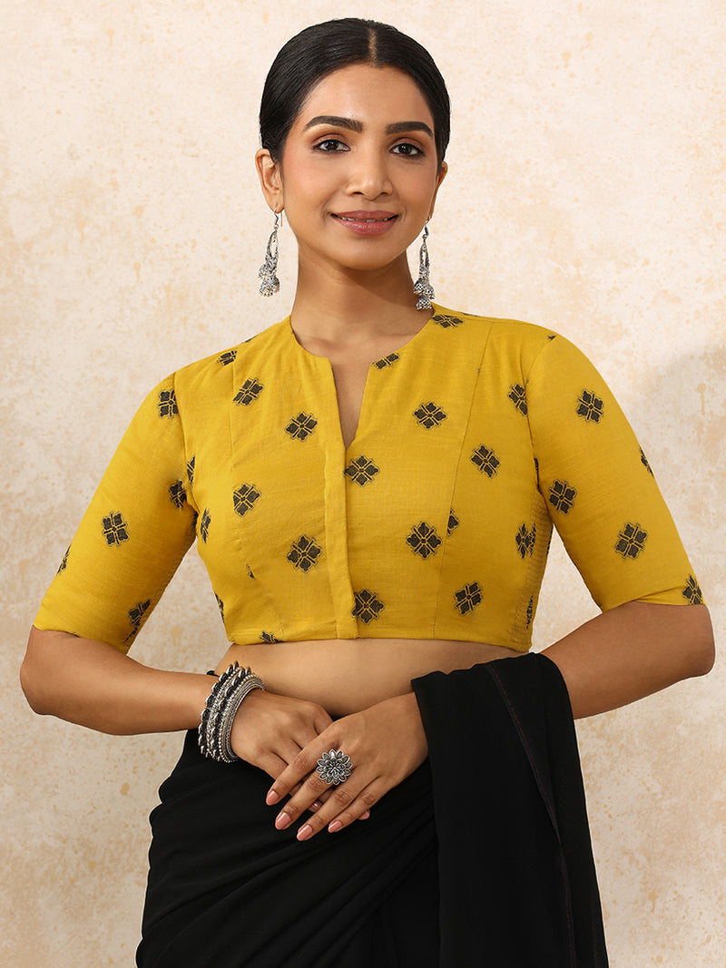 Gul x Rozaana | Elbow Sleeves Saree Blouse in Yellow Jacquard Cotton-Binks